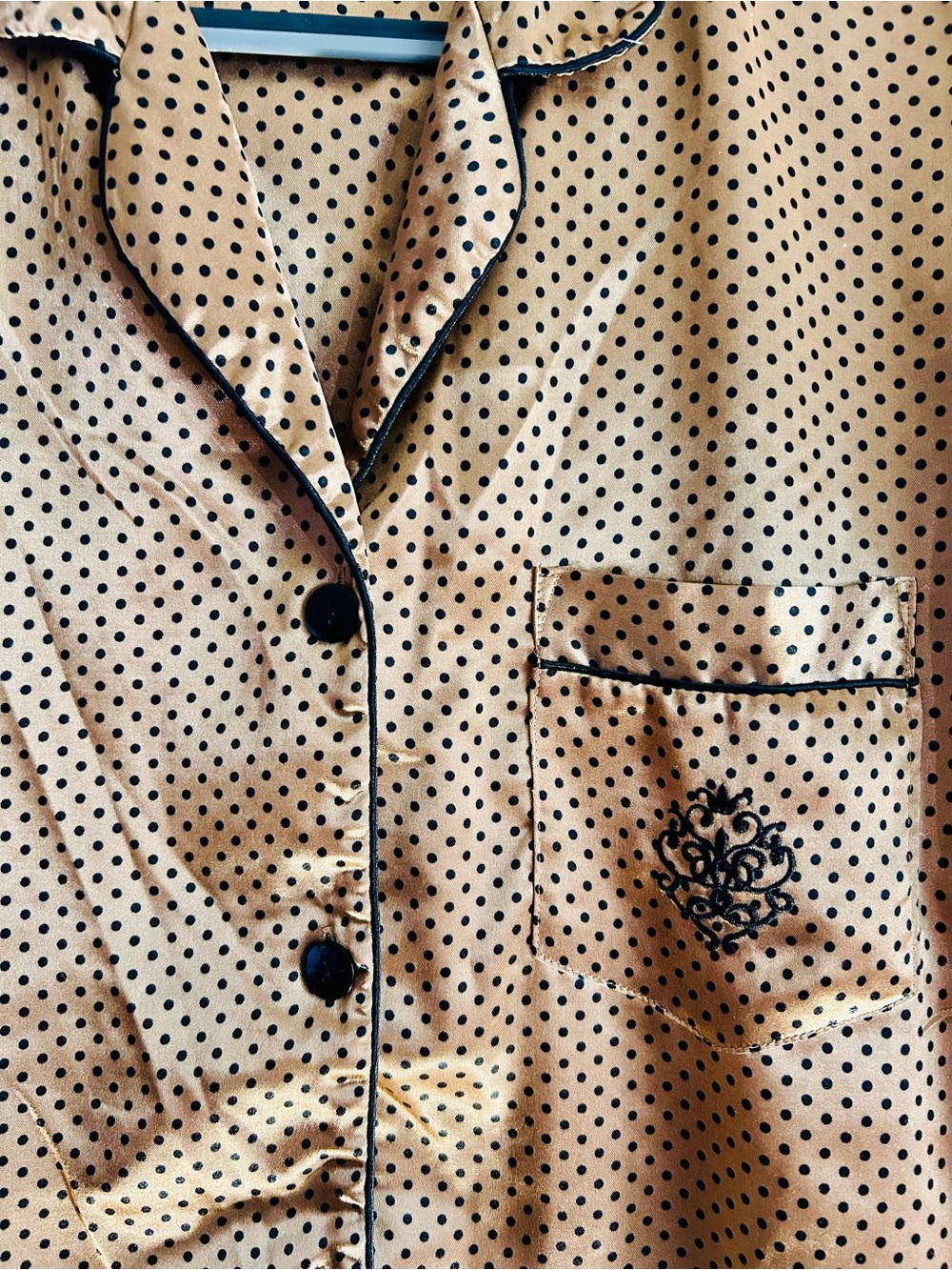 Kathlyn XL Satin Polka Dot Pajama Set Gold Black Button Front Lounge Sleepwear